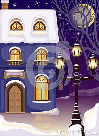 Night street with snowy house and lantern Vector Illustration