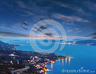 Night summer coastline and village on seashore Peljesac peninsula, Croatia Stock Photo