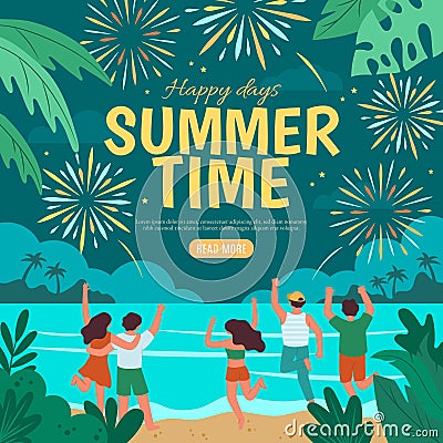 Night summer event. Seashore party. Happy people vacation. Beach shopping or travel banner. Women and men looking at Vector Illustration