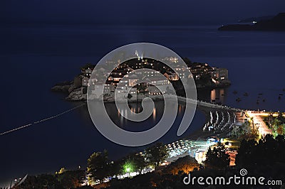 Night Sveti Stefan, small islet and resort in Montenegro. Stock Photo