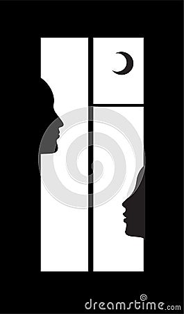 Night talks concept, two people profile in the window, Vector Illustration