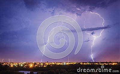 Thunderstorm, flash of lightning above the city Stock Photo