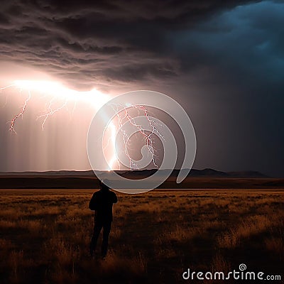 Night, thunderstorm, lightning strikes the ground in a field, a person watches, danger, terrible natural phenomenon, disaster, Stock Photo