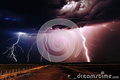 Night thunderstorm over dirt track road and fields with multiple lightning. Stock Photo