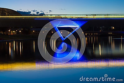 Night Time Lights on the Adelaide Oval Foot Bridge and Reflection Stock Photo
