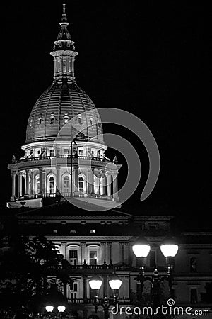 Lansing State Capitol Building in Michigan at night in black and white Stock Photo