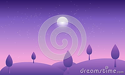 Night time nature landscape in the Countryside with a Full moon and a Stary sky Vector illustration Vector Illustration