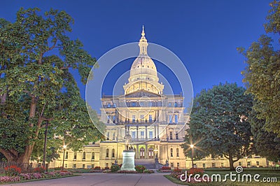 Night time picture of the Capital Building in Lansing Michigan Stock Photo