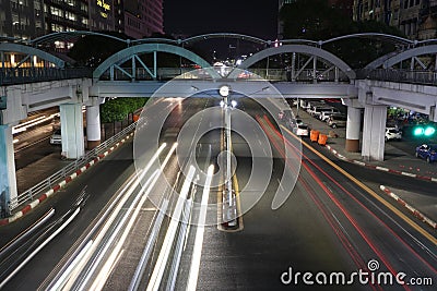Night time and speed of light at Square foot overpass on the crossroad of Anawrahta Rd. and Sule Pagoda Rd. Yangon Editorial Stock Photo