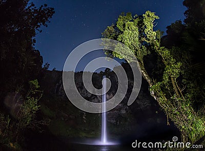 Night time water fall with stars Stock Photo