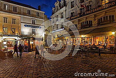 Night on the touristic restaurants of the old walled city of Saint-Malo Editorial Stock Photo