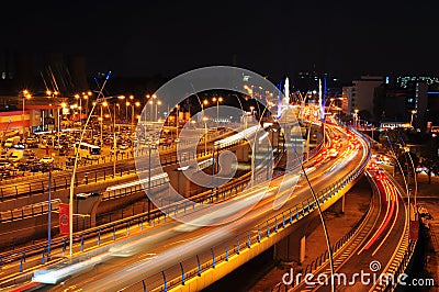 Night traffic on Basarab bridge, Bucharest Editorial Stock Photo