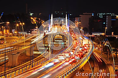 Night traffic on Basarab bridge, Bucharest Stock Photo
