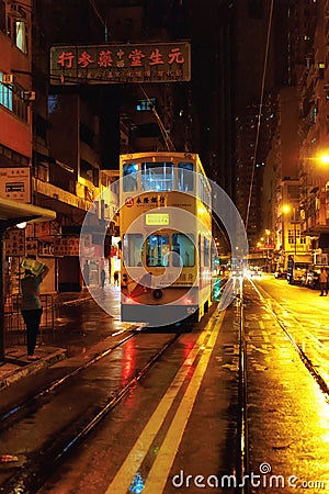 Night tram in rain, Hong Kong, China Editorial Stock Photo