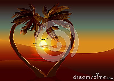 Night tropical island. Two palm tree in shape of heart Vector Illustration