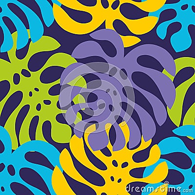 Night tropics. Colorful seamless pattern with exotic leaves. Vector background Vector Illustration