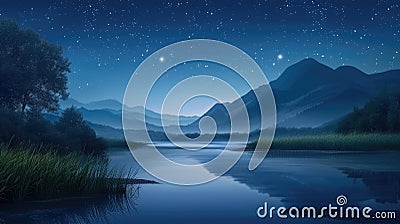 Night unveils a countryside, where a mountain river glows beneath a starry sky, Ai Generated Stock Photo