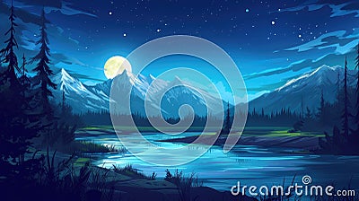 Night unveils a countryside, where a mountain river glows beneath a starry sky, Ai Generated Stock Photo