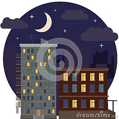 Night Urban Landscape City Estate Round Flat Icon Vector Illustration Vector Illustration