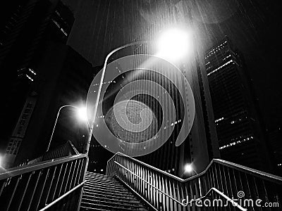 Night urban street with lights and stairway Stock Photo