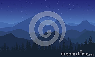 Night vector landscape with blue misty forested mountains and stars on dark sky. Vector Illustration