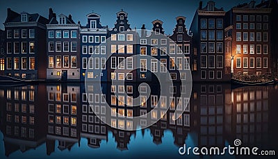 night view of amsterdam house with reflection blue hours Stock Photo