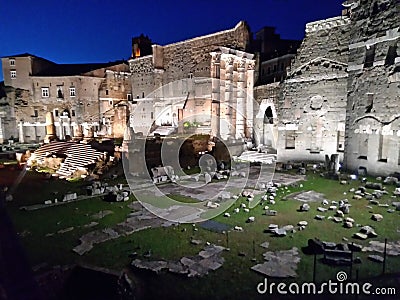 Night view on ancient archeology white and yellowish stones Stock Photo