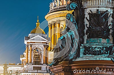 Night view of the ancient statues of stucco and the dome of St. Isaac`s Cathedral Petersburg. Stock Photo