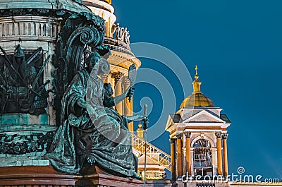 Night view of the ancient statues of stucco and the dome of St. Isaac`s Cathedral Saint-Petersburg. Stock Photo