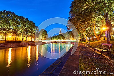 The night view of Aura river in Turku, Finland. Stock Photo