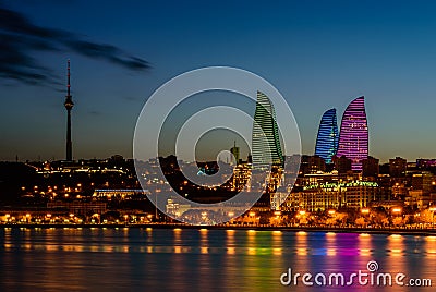 Night view of Baku with the Flame Towers skyscrapers Editorial Stock Photo