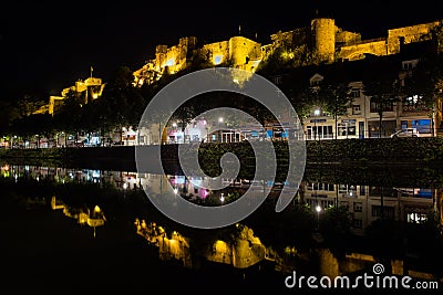 Night view Belgian medieval city Bouillon with castle along river Semois Editorial Stock Photo