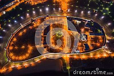Night view from a bird`s eye view of the city center Veliky Novgorod Stock Photo