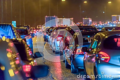 Night view busy UK Motorway traffic jam at night Stock Photo