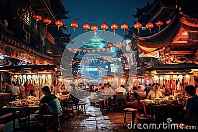 Night view of Chinese street food in Chinatown, Shanghai, China, AI Generated Stock Photo