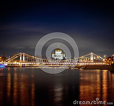 Night view at the Christ the Savior and the Krymsky Bridge, Moscow Stock Photo