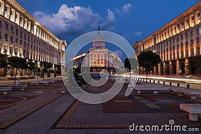 Night view of the City centre of Sofia, the capital of Bulgaria. Buildings of Presidency, Buildings of Council of Ministers and Fo Stock Photo