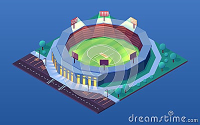 Night view on cricket stadium, isometric building Vector Illustration