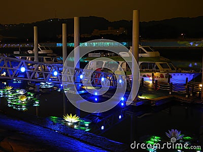 Night view of the Dajia Riverside Park harbor during Taipei International Flora Exposition Editorial Stock Photo