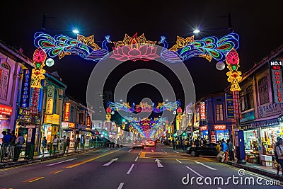 Night view of Deepavali decorations in Little India, Singapore Editorial Stock Photo