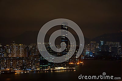 Night view of dense high-rise buildings in Hong Kong Island at night Editorial Stock Photo