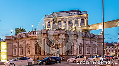 Night view of equestrian statue of Archduke Albert in front of the Albertina Museum day to night timelapse in Vienna Stock Photo