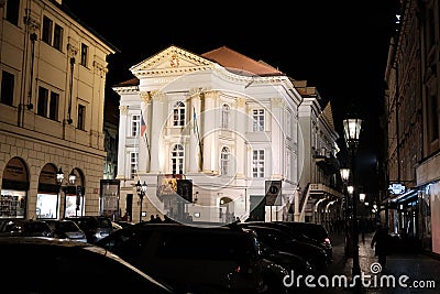 Night view of The Estates theatre in an old town square of Prague in the Czech republic Editorial Stock Photo