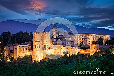Night View of Famous Alhambra, European travel landmark Stock Photo