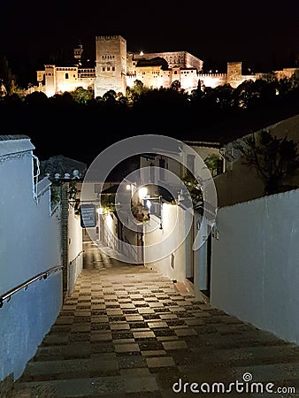 Night view of the famous Alhambra palace in Granada from Albaicin quarter, Stock Photo