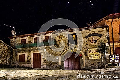 Rabanal del Camino, Spain - Night View of the Famous Pilgrim Hostel Albergue del Pilar in Rabanal, along the Way of St James Editorial Stock Photo