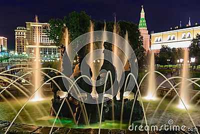 Night view of the fountain in Alexandrovsky Garden Stock Photo