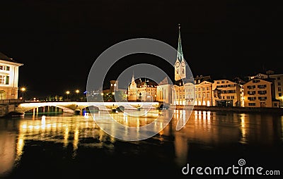 The night view of the Fraumunster in Zurich Stock Photo