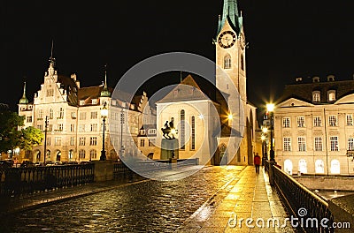 The night view of the Fraumunster in Zurich Stock Photo