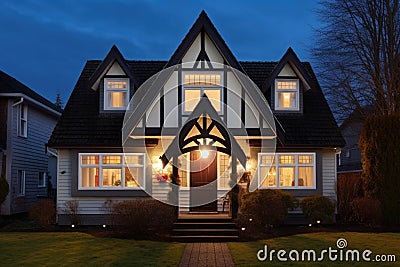 night view of a front gable on a tudor house under warm exterior lighting Stock Photo